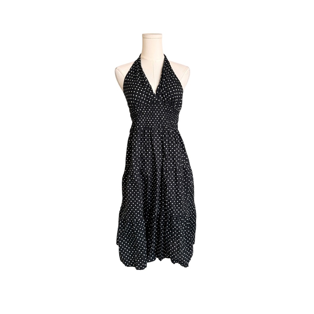 American Flirt Black White Polka Dot Halter Dress Small Smocked Tiered Skirt